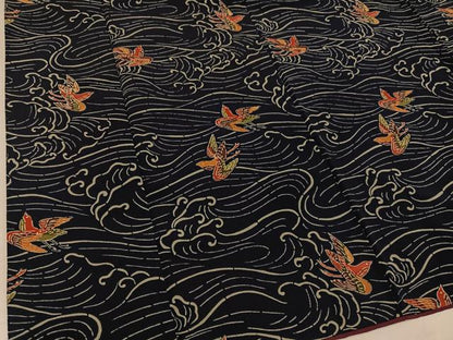平和屋着物●上質な小紋　藍　紅型　立波飛鳥文　鬼しぼ縮緬　正絹　逸品　AABG5783ph