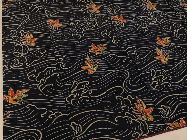 平和屋着物●上質な小紋　藍　紅型　立波飛鳥文　鬼しぼ縮緬　正絹　逸品　AABG5783ph