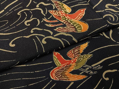 平和屋着物●上質な小紋　藍　紅型　立波飛鳥文　鬼しぼ縮緬　正絹　逸品　AABG5783ph