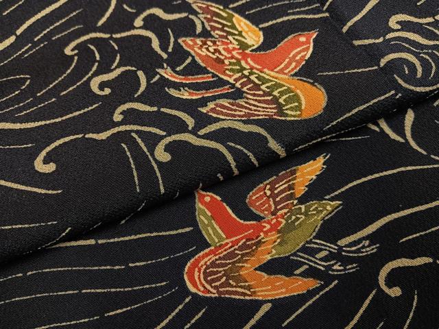 平和屋着物●上質な小紋　藍　紅型　立波飛鳥文　鬼しぼ縮緬　正絹　逸品　AABG5783ph