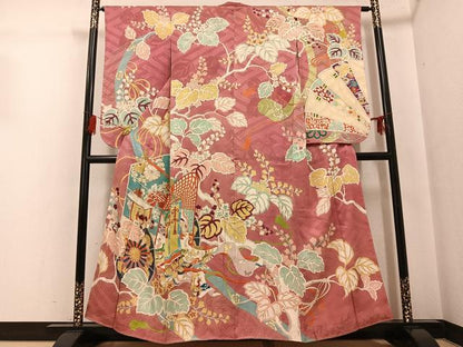 平和屋着物●セミアンティーク　小振袖　二尺袖　駒刺繍　御所車鳳凰草花文　正絹　逸品　AABG5784ph