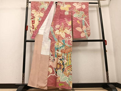 平和屋着物●セミアンティーク　小振袖　二尺袖　駒刺繍　御所車鳳凰草花文　正絹　逸品　AABG5784ph