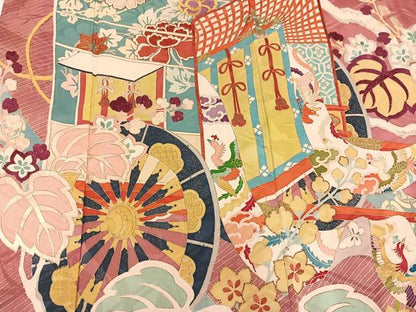 平和屋着物●セミアンティーク　小振袖　二尺袖　駒刺繍　御所車鳳凰草花文　正絹　逸品　AABG5784ph