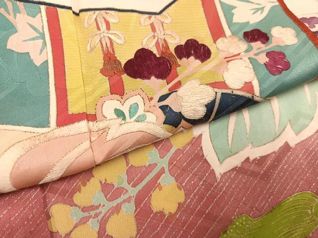 平和屋着物●セミアンティーク　小振袖　二尺袖　駒刺繍　御所車鳳凰草花文　正絹　逸品　AABG5784ph