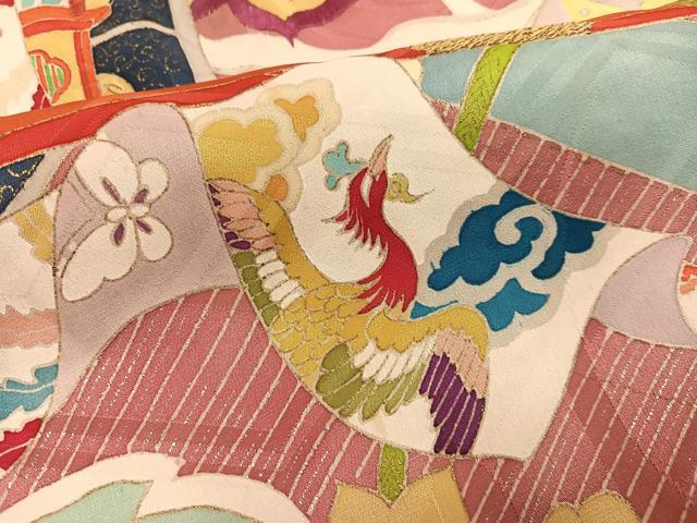 平和屋着物●セミアンティーク　小振袖　二尺袖　駒刺繍　御所車鳳凰草花文　正絹　逸品　AABG5784ph