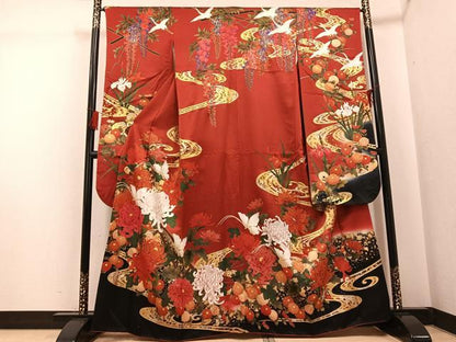 平和屋着物●豪華振袖　飛鶴流水花文　金彩　正絹　逸品　AABG5786ph