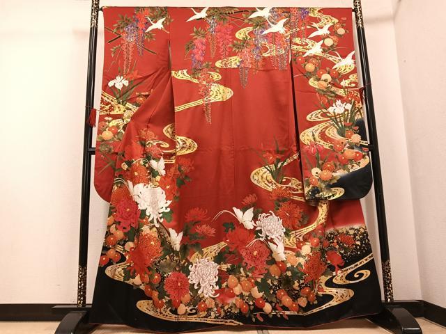 平和屋着物●豪華振袖　飛鶴流水花文　金彩　正絹　逸品　AABG5786ph