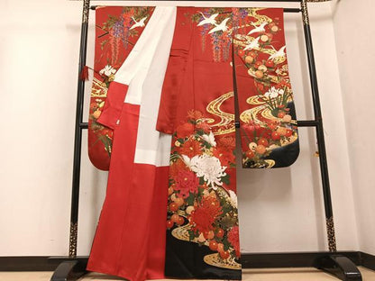 平和屋着物●豪華振袖　飛鶴流水花文　金彩　正絹　逸品　AABG5786ph