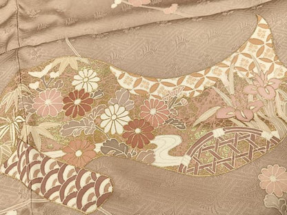 平和屋着物●訪問着　友禅　駒刺繍　草花文　金彩　正絹　逸品　AABG5788ph