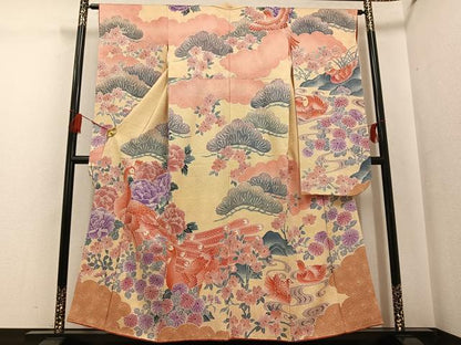 平和屋着物●名門　藤娘きぬたや・総絞り　振袖　孔雀花文　正絹　逸品　AABG5794ph
