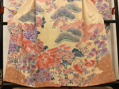 平和屋着物●名門　藤娘きぬたや・総絞り　振袖　孔雀花文　正絹　逸品　AABG5794ph