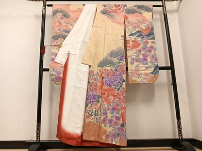 平和屋着物●名門　藤娘きぬたや・総絞り　振袖　孔雀花文　正絹　逸品　AABG5794ph