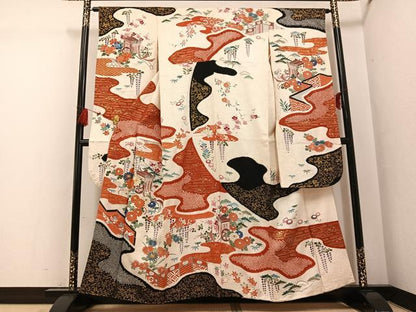 平和屋着物●豪華振袖　駒刺繍　絞り　御所車草花文　金彩　正絹　逸品　AABG5796ph