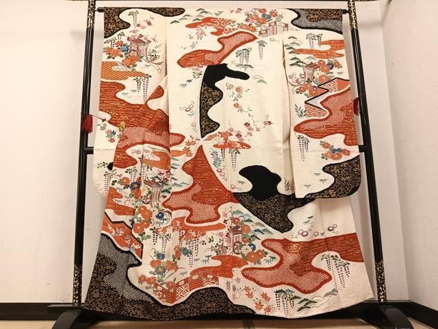 平和屋着物●豪華振袖　駒刺繍　絞り　御所車草花文　金彩　正絹　逸品　AABG5796ph