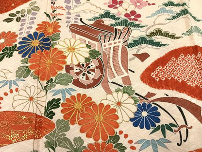 平和屋着物●豪華振袖　駒刺繍　絞り　御所車草花文　金彩　正絹　逸品　AABG5796ph