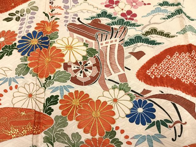 平和屋着物●豪華振袖　駒刺繍　絞り　御所車草花文　金彩　正絹　逸品　AABG5796ph