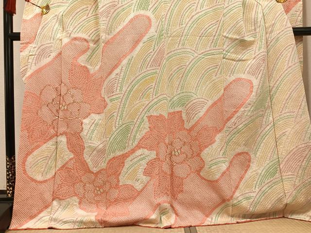 平和屋着物●豪華振袖　総絞り　駒刺繍　牡丹　正絹　逸品　AABG5797ph
