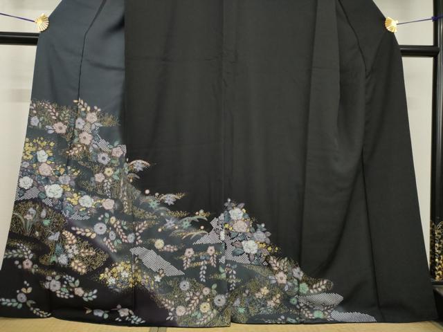 平和屋着物●訪問着　辻が花　黒地　金彩　正絹　逸品　AABG5806ck