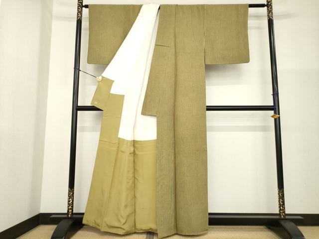 平和屋着物●樋口実　江戸小紋　万筋　涅色×黄橡色　浜ちりめん　三越扱い　反端付き　正絹　逸品　AABG5813ck