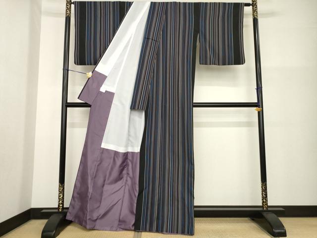 平和屋着物●小紋　縞　黒地　洗える着物　AABG5816ck