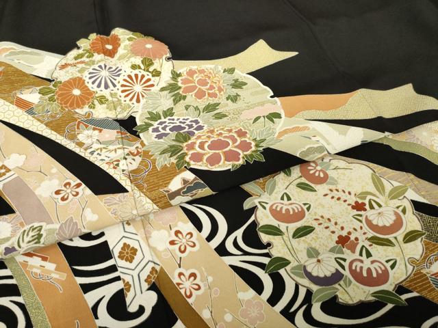 平和屋着物●創業460年・千總　黒留袖　友禅　駒刺繍　雪輪几帳花文　鶴　金彩　三越扱い　正絹　逸品　AABG5817ck
