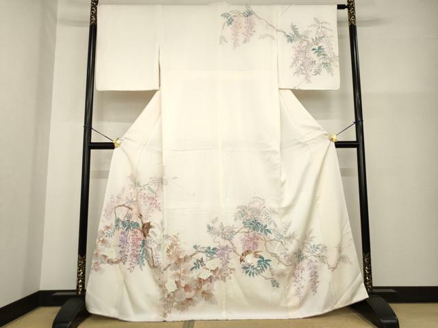 平和屋着物●訪問着　手描き　枝花に雀　正絹　逸品　AABG5820ck