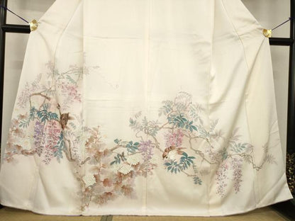 平和屋着物●訪問着　手描き　枝花に雀　正絹　逸品　AABG5820ck