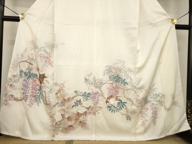 平和屋着物●訪問着　手描き　枝花に雀　正絹　逸品　AABG5820ck
