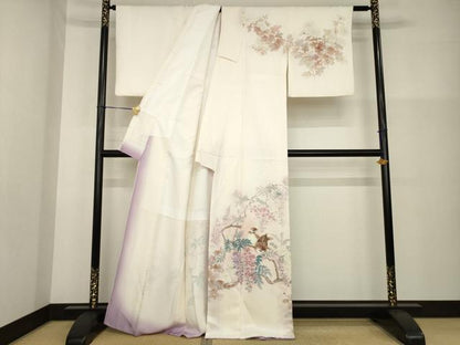 平和屋着物●訪問着　手描き　枝花に雀　正絹　逸品　AABG5820ck