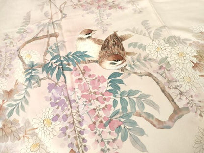 平和屋着物●訪問着　手描き　枝花に雀　正絹　逸品　AABG5820ck