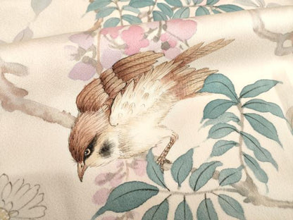 平和屋着物●訪問着　手描き　枝花に雀　正絹　逸品　AABG5820ck