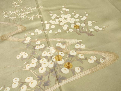 平和屋着物●訪問着　駒刺繍　流水枝梅文　光琳菊　金彩　正絹　逸品　AABG5827ck