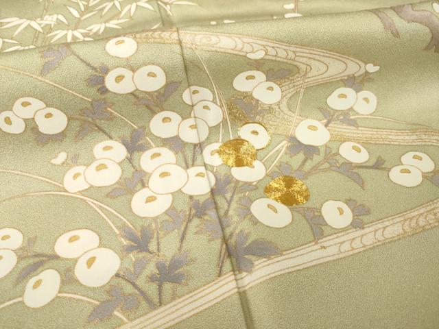 平和屋着物●訪問着　駒刺繍　流水枝梅文　光琳菊　金彩　正絹　逸品　AABG5827ck