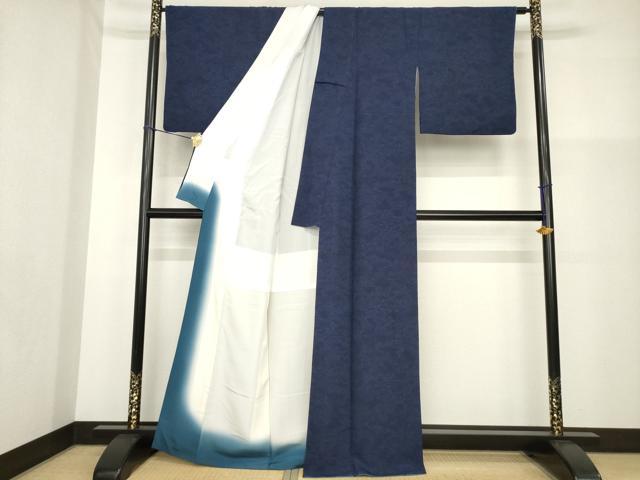 平和屋着物●上質な小紋　型染め　藍　流水風景花文　正絹　逸品　AABG5829ck