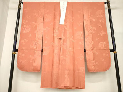 平和屋着物●振袖用長襦袢　袷　扇面花地紋　雀茶色　半衿刺繍　正絹　逸品　未使用　AABG5831ck