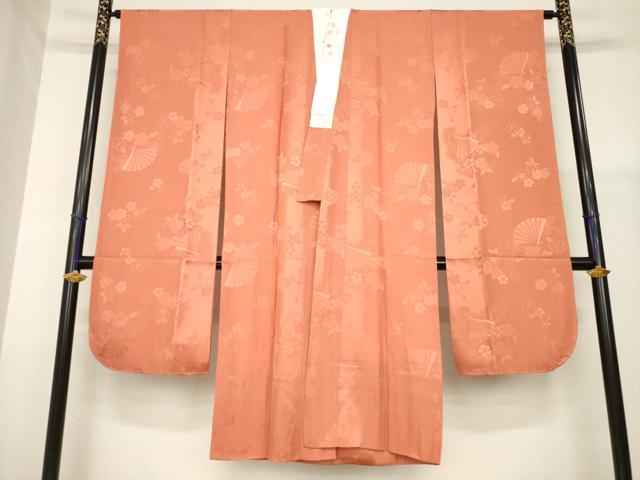 平和屋着物●振袖用長襦袢　袷　扇面花地紋　雀茶色　半衿刺繍　正絹　逸品　未使用　AABG5831ck