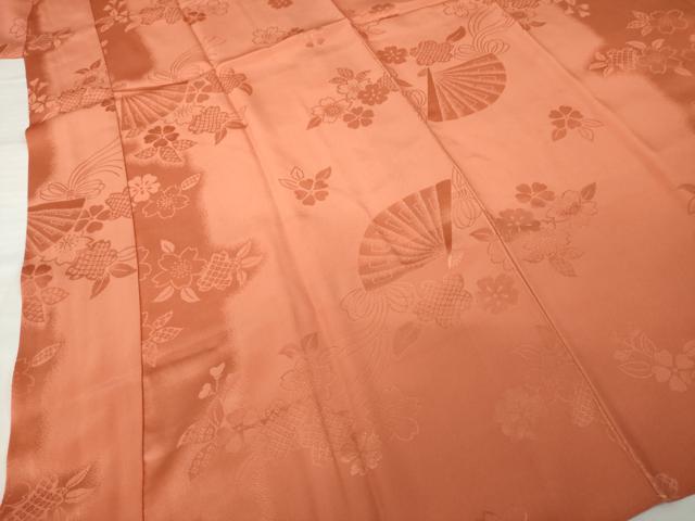 平和屋着物●振袖用長襦袢　袷　扇面花地紋　雀茶色　半衿刺繍　正絹　逸品　未使用　AABG5831ck