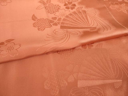 平和屋着物●振袖用長襦袢　袷　扇面花地紋　雀茶色　半衿刺繍　正絹　逸品　未使用　AABG5831ck