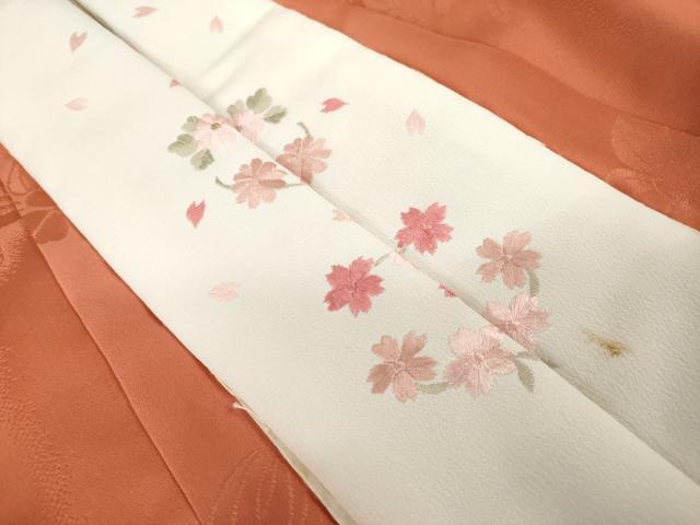 平和屋着物●振袖用長襦袢　袷　扇面花地紋　雀茶色　半衿刺繍　正絹　逸品　未使用　AABG5831ck