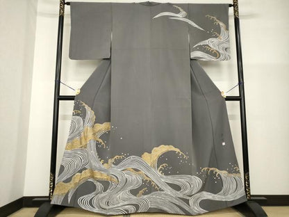 平和屋着物●京友禅作家　山科春宣　訪問着　立波文　金彩　正絹　逸品　AABG5837ck