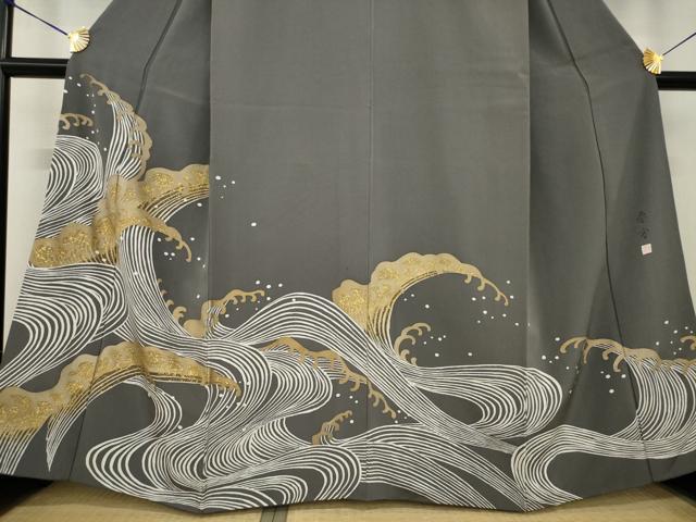 平和屋着物●京友禅作家　山科春宣　訪問着　立波文　金彩　正絹　逸品　AABG5837ck