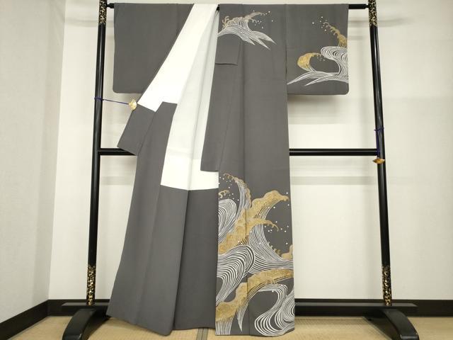 平和屋着物●京友禅作家　山科春宣　訪問着　立波文　金彩　正絹　逸品　AABG5837ck