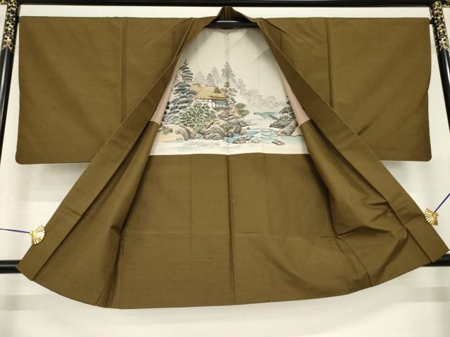 平和屋着物●男性　石川県指定無形文化財　牛首紬　白山工房　手織り　アンサンブル　色無地　涅色　証紙付き　正絹　逸品　AABG5838ck