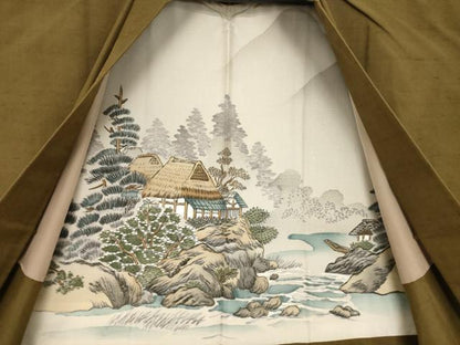 平和屋着物●男性　石川県指定無形文化財　牛首紬　白山工房　手織り　アンサンブル　色無地　涅色　証紙付き　正絹　逸品　AABG5838ck