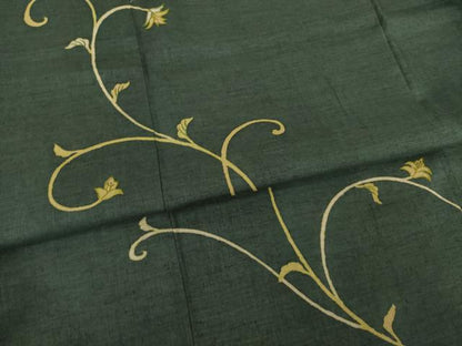 平和屋着物●創業460年・千總　訪問着　刺繍　本場結城紬地　花唐草文　黒緑色地　正絹　逸品　AABG5839ck