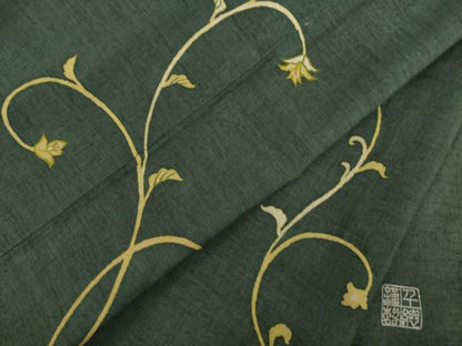 平和屋着物●創業460年・千總　訪問着　刺繍　本場結城紬地　花唐草文　黒緑色地　正絹　逸品　AABG5839ck