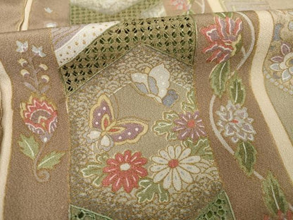 平和屋着物●総刺繍　小紋　中国三大刺繍　汕頭刺繍　スワトウ刺繍　花鳥丸文　正絹　逸品　AABG5843ck