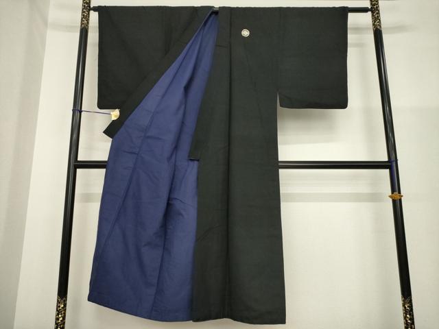 平和屋着物●男性　黒紋付　紬地　正絹　逸品　AABG5845ck