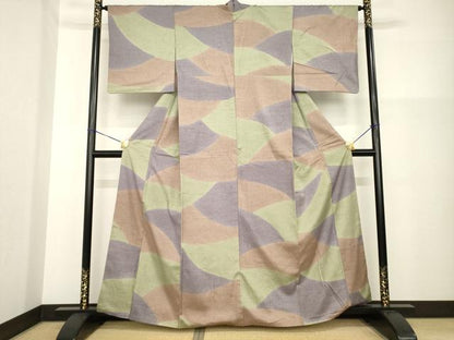平和屋着物●上質な紬　幾何学文様　正絹　逸品　AABG5854ck