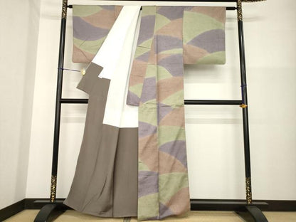 平和屋着物●上質な紬　幾何学文様　正絹　逸品　AABG5854ck